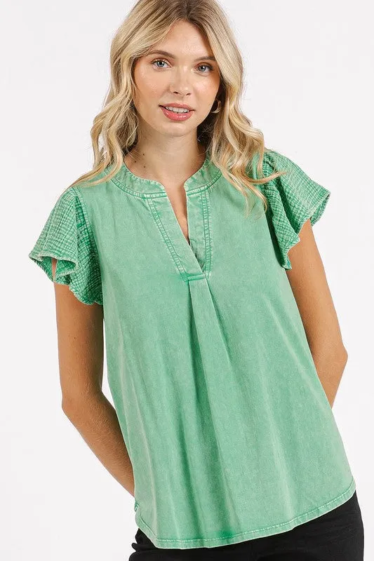 Green Mix Media Ruffle Short Sleeve Mineral Wash Top