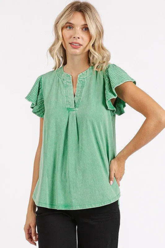 Green Mix Media Ruffle Short Sleeve Mineral Wash Top