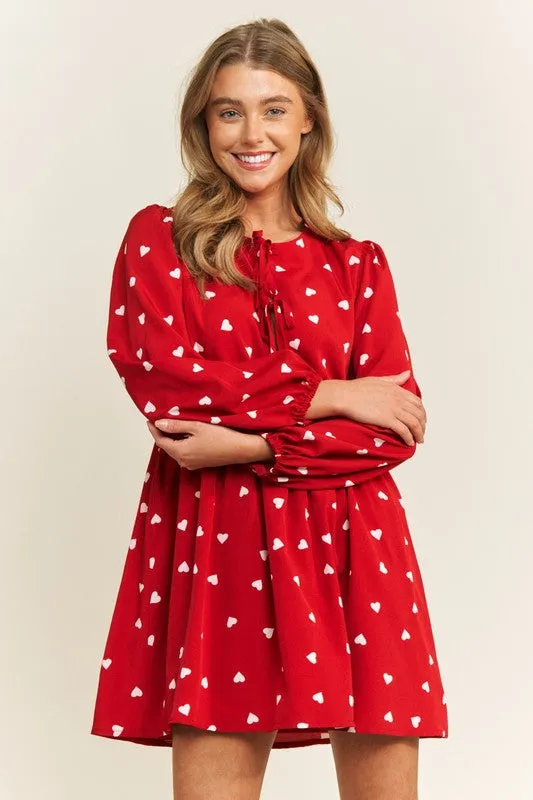 Heart Print Babydoll Bow Dress