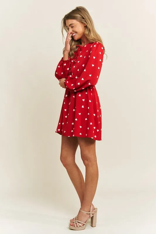 Heart Print Babydoll Bow Dress