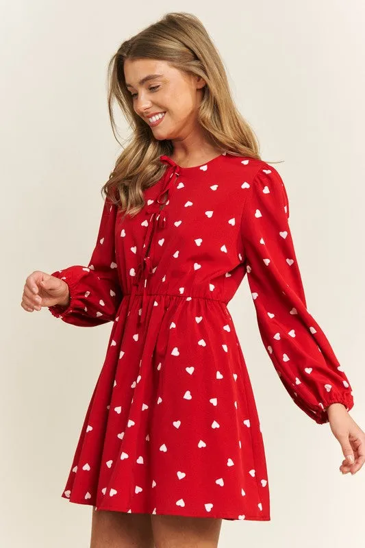 Heart Print Babydoll Bow Dress