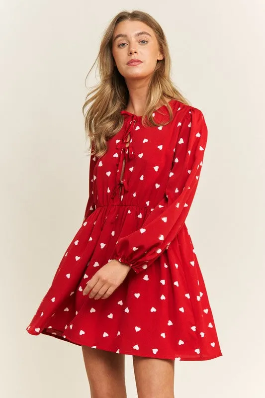 Heart Print Babydoll Bow Dress