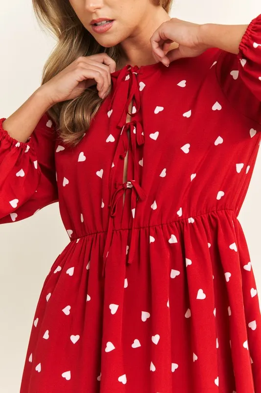 Heart Print Babydoll Bow Dress