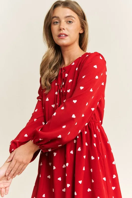 Heart Print Babydoll Bow Dress