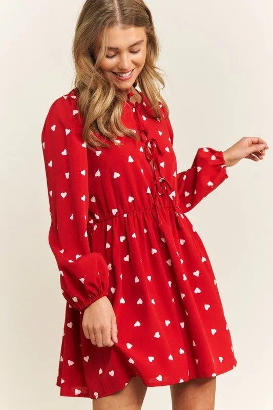 Heart Print Babydoll Bow Dress
