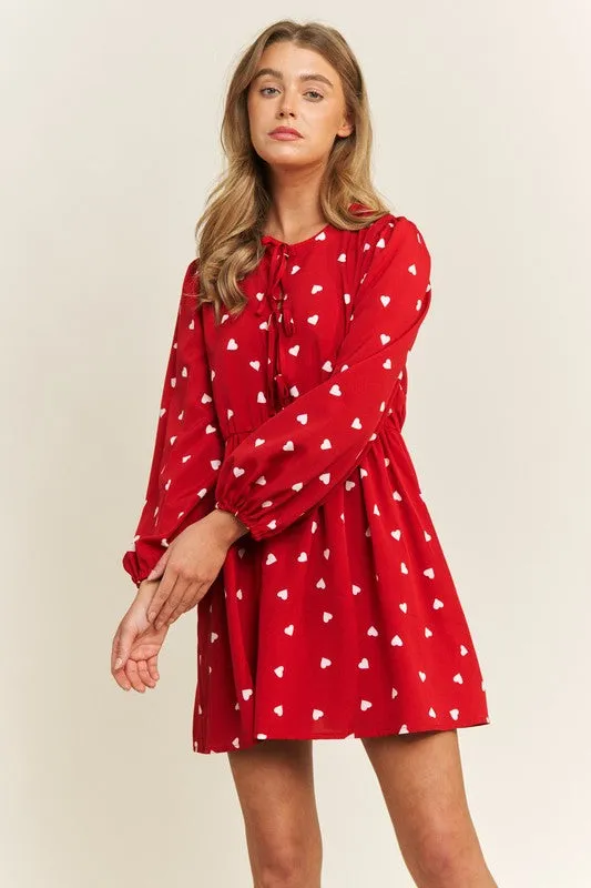 Heart Print Babydoll Bow Dress
