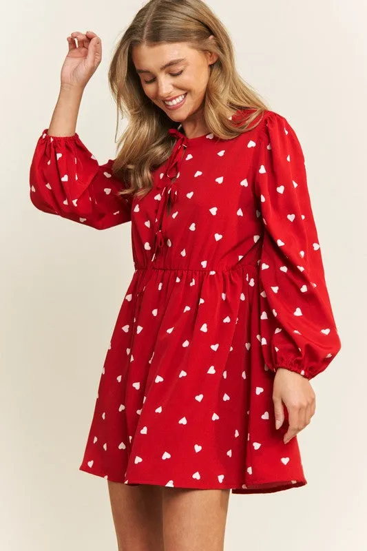 Heart Print Babydoll Bow Dress