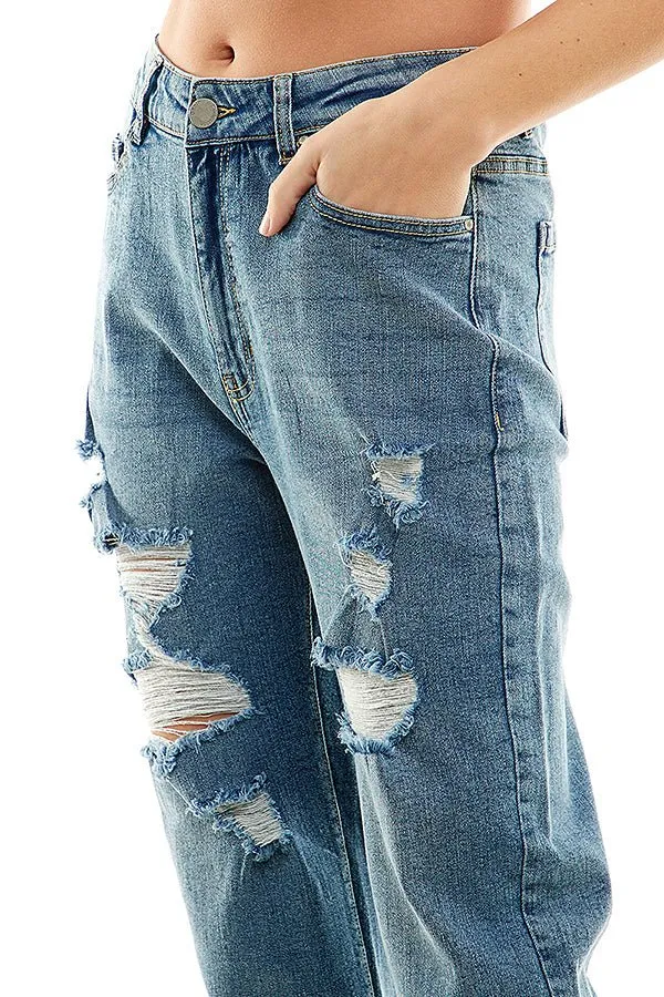 HIGH RISE RIPPED SLIM BOYFRIEND JEANS
