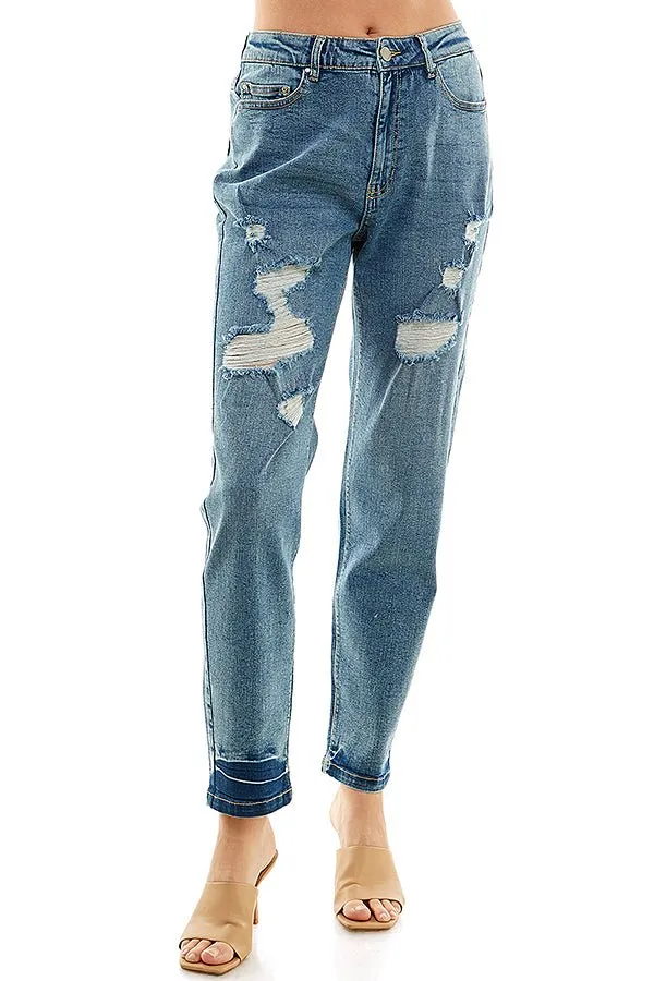 HIGH RISE RIPPED SLIM BOYFRIEND JEANS