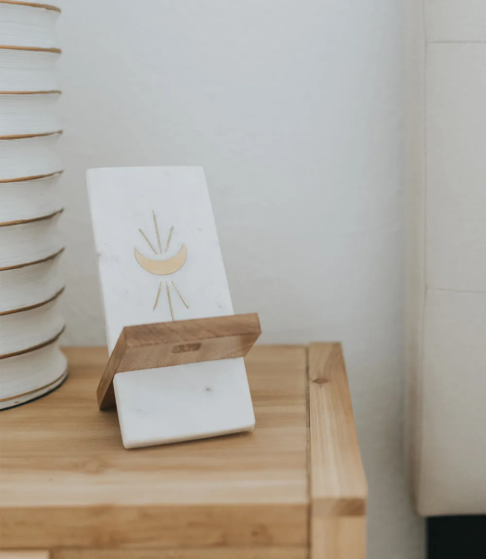 Indukala Moon Phase Phone Stand for Desk - Wood, Marble, Brass by Matr Boomie