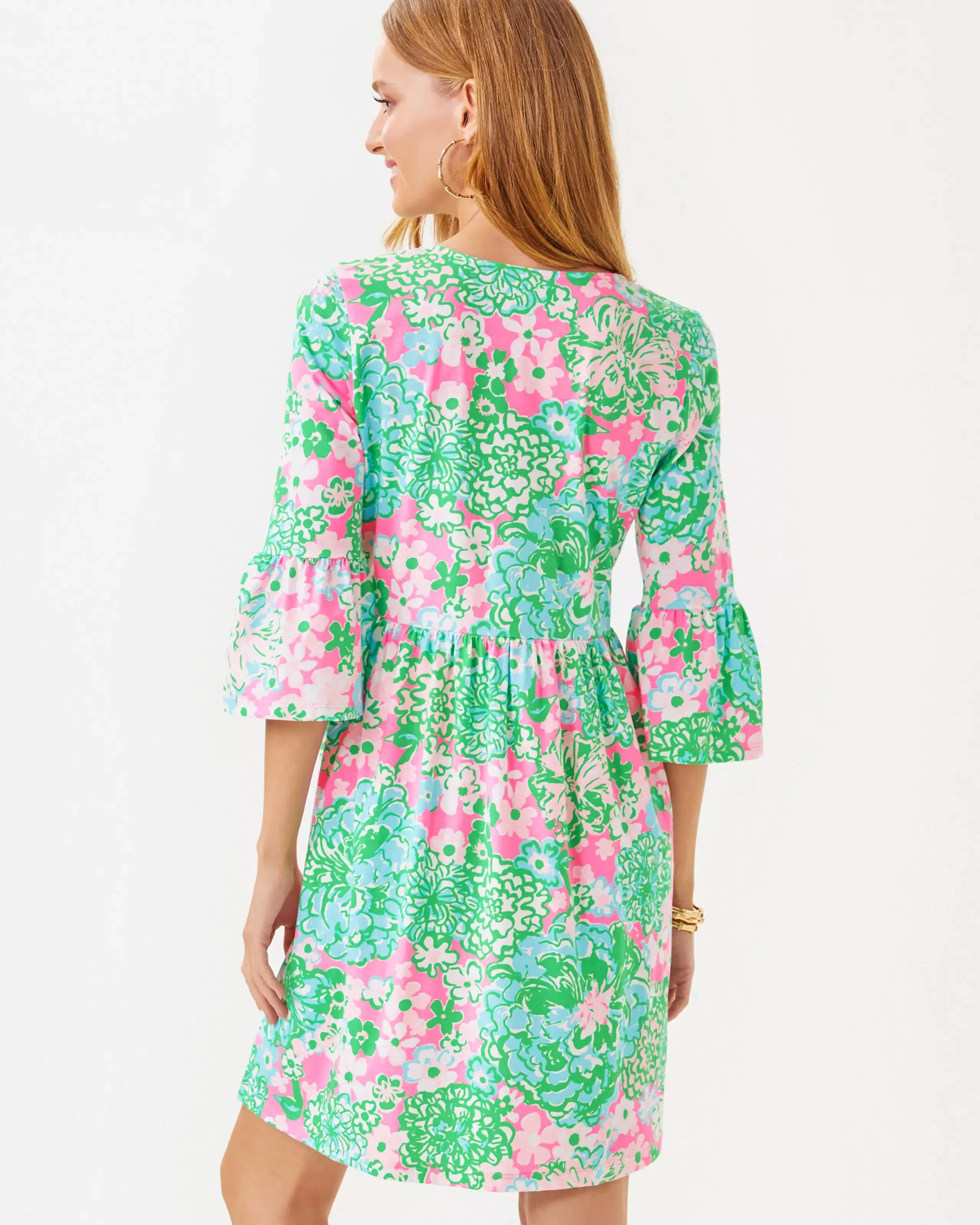 Jannie V-Neck 3/4 Sleeve Dress (Plumes in Bloom)