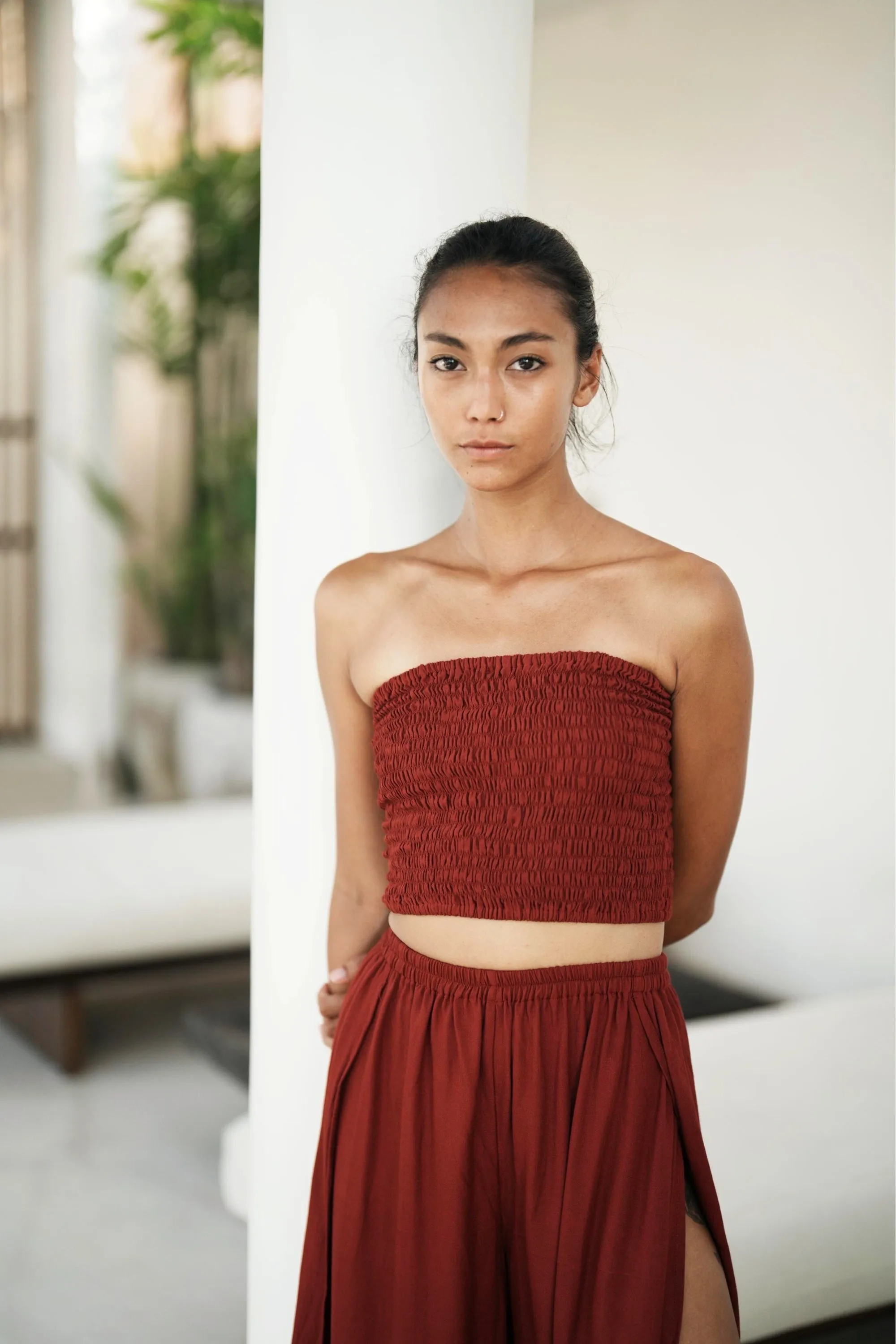 Judith Side Split Pants With Matching Tube Top Set in Maroon