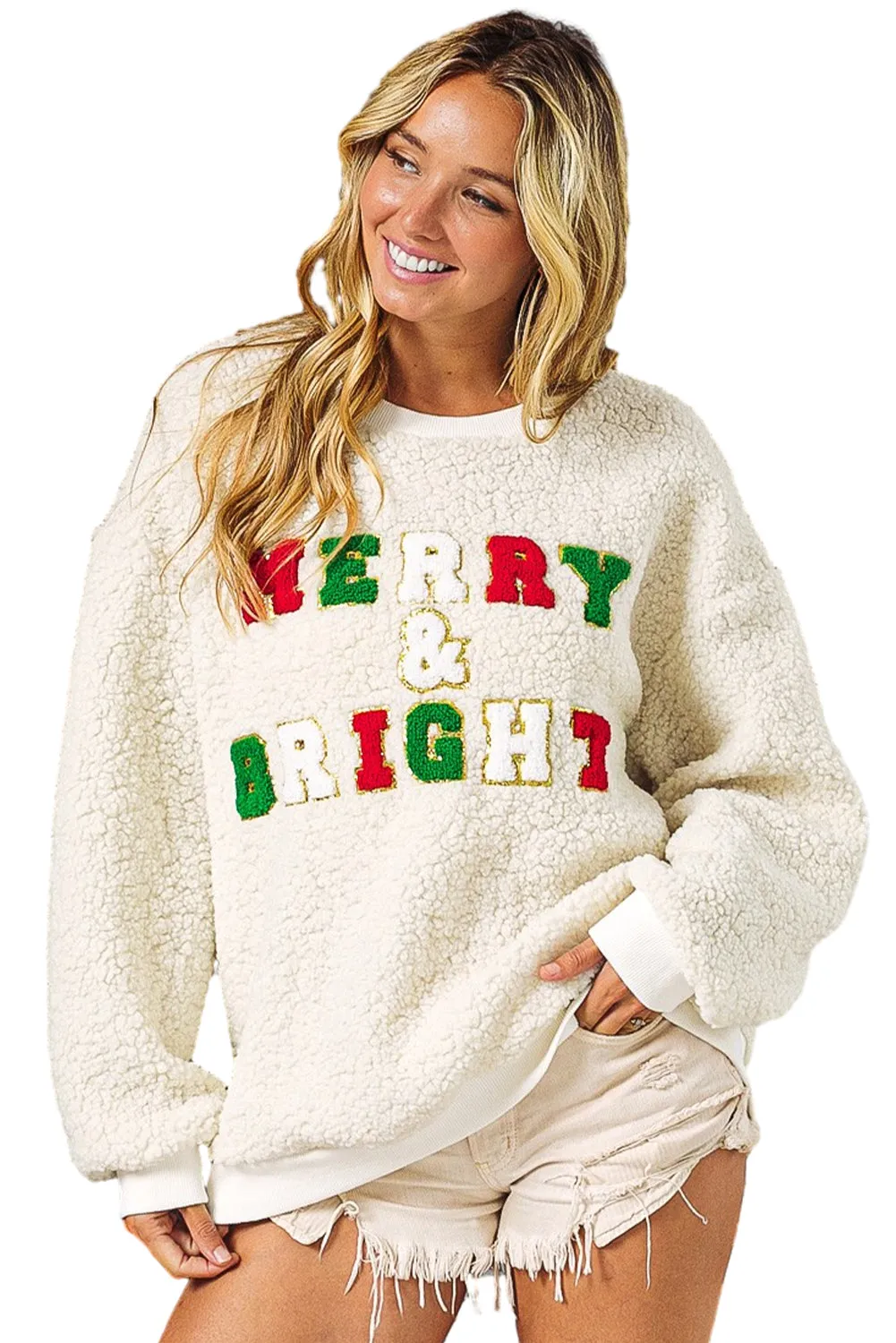 KaleaBoutique Christmas MERRY & Bright Chenille Graphic Sherpa Sweatshirt