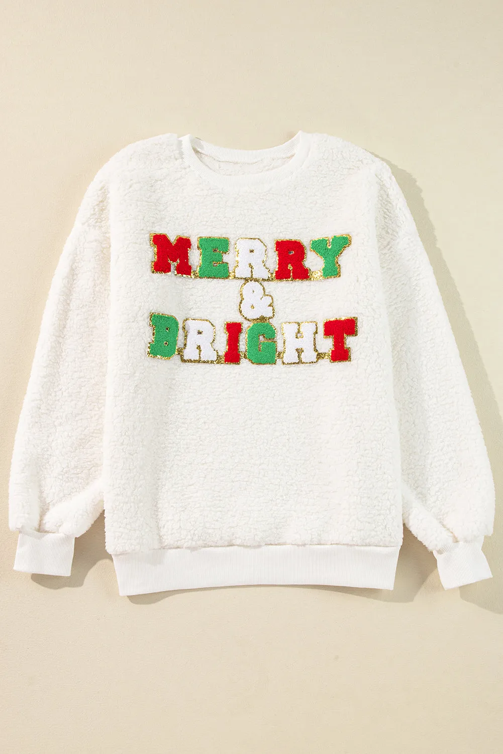 KaleaBoutique Christmas MERRY & Bright Chenille Graphic Sherpa Sweatshirt