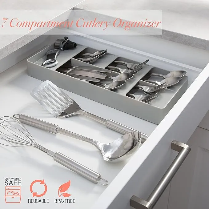 Kitchen Details 7-Slot Cutlery Drawer Organizer | Stylish Grey Utensil Tray