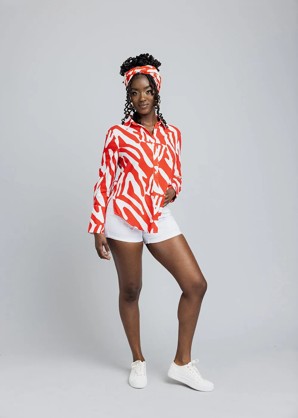 Kwamena Women's African Print Button-Up Shirt (Deep Orange Zebra Abstract) - Clearance