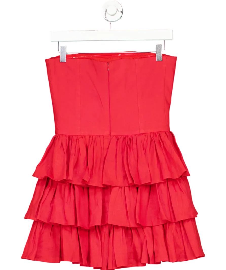 Labeca Red Mila Goji Linen Strapless Mini Ruffle Dress UK S