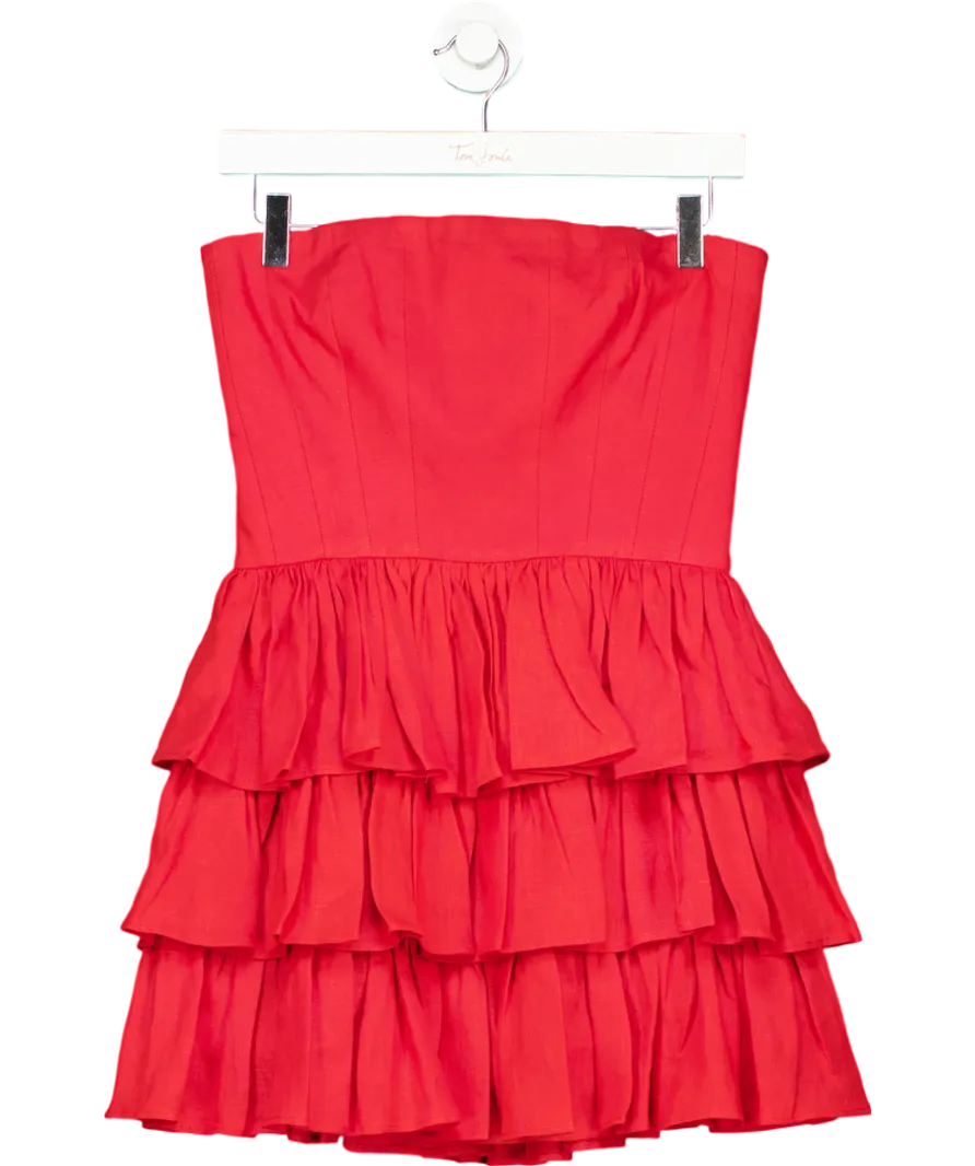 Labeca Red Mila Goji Linen Strapless Mini Ruffle Dress UK S