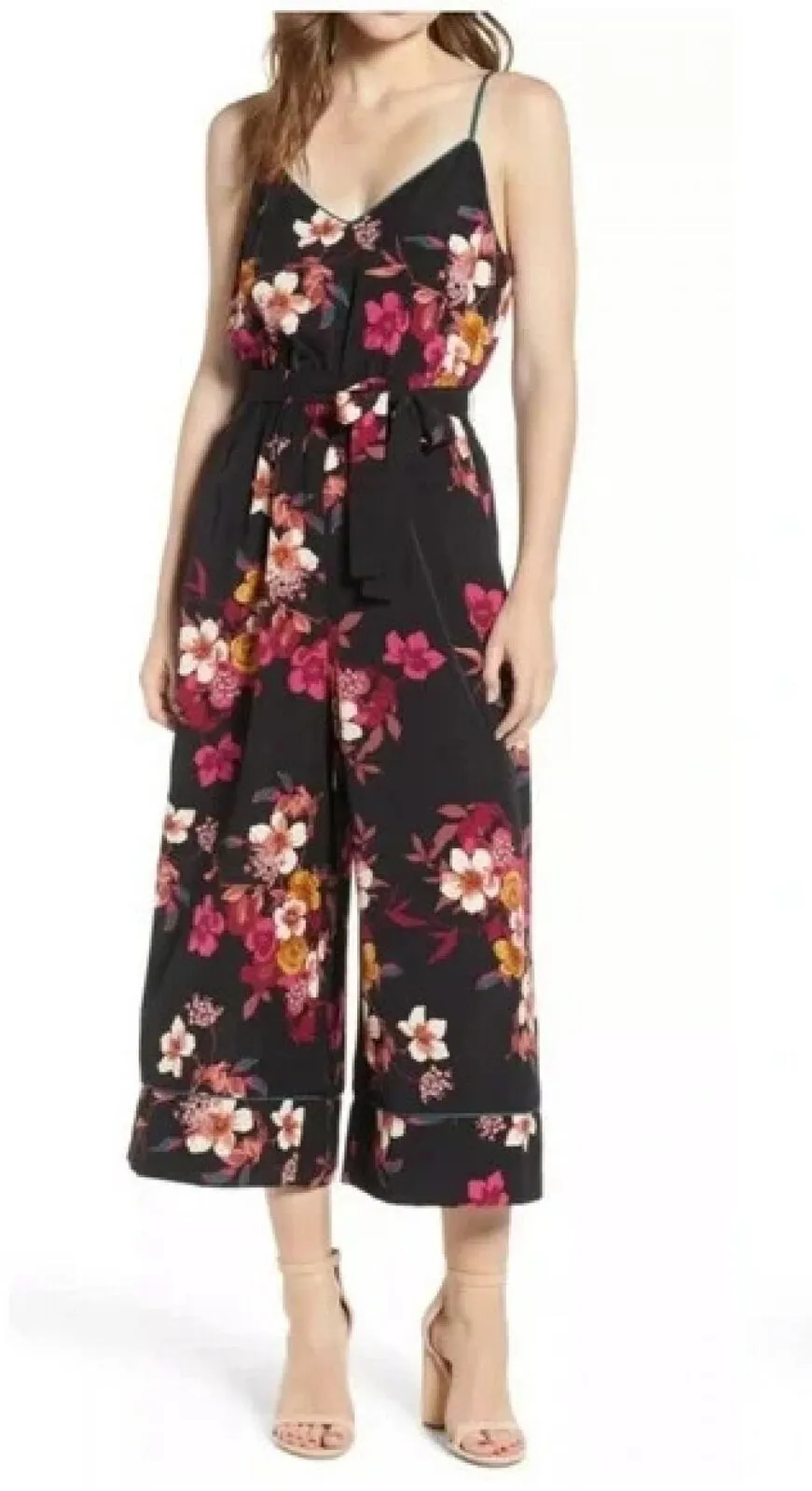 Leith Womens Piped Belted Cropped Spaghetti Strap Jumpsuit