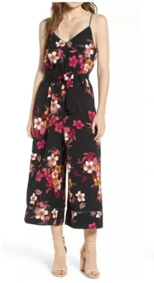 Leith Womens Piped Belted Cropped Spaghetti Strap Jumpsuit