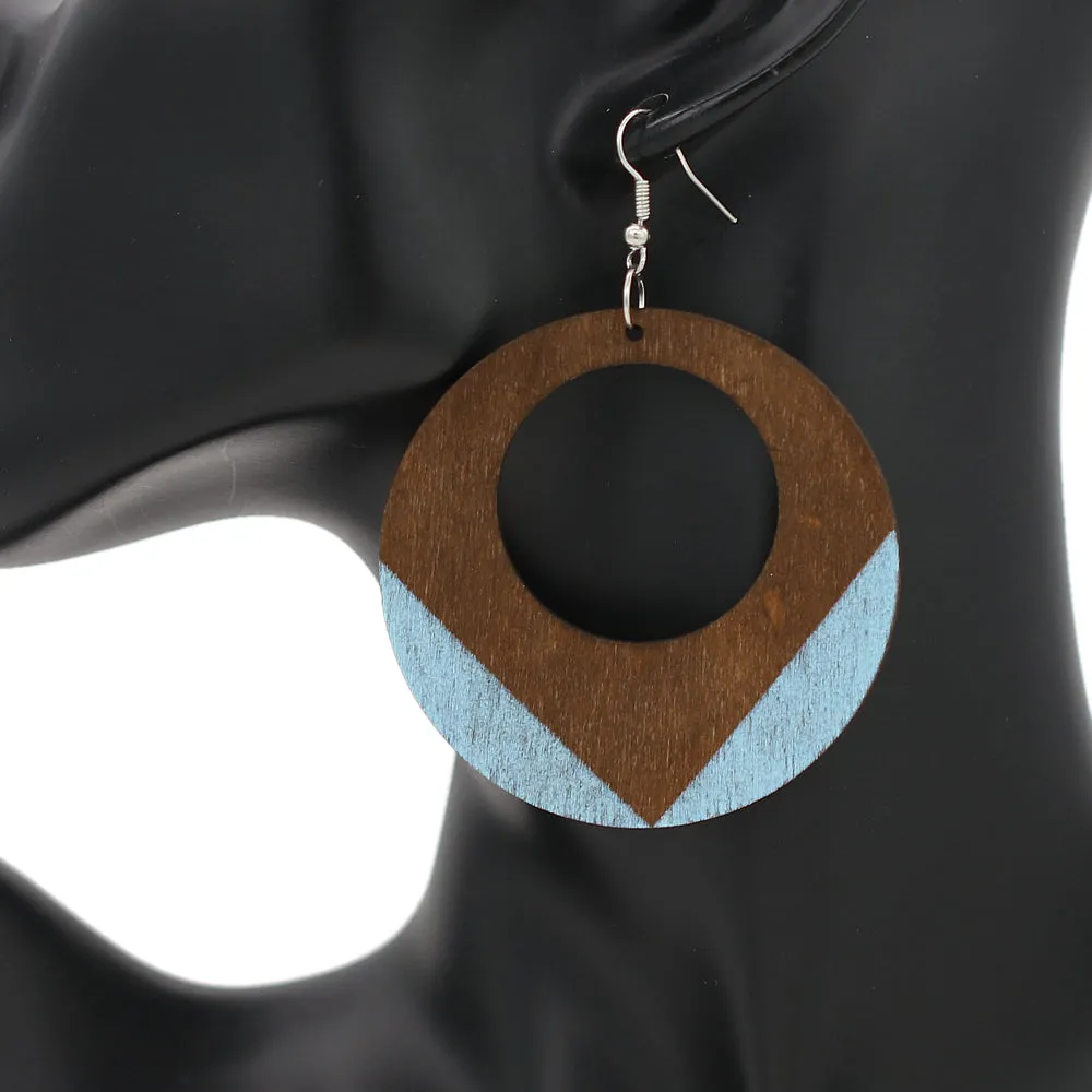 Light Blue Round Trim Wooden Dangle Earrings