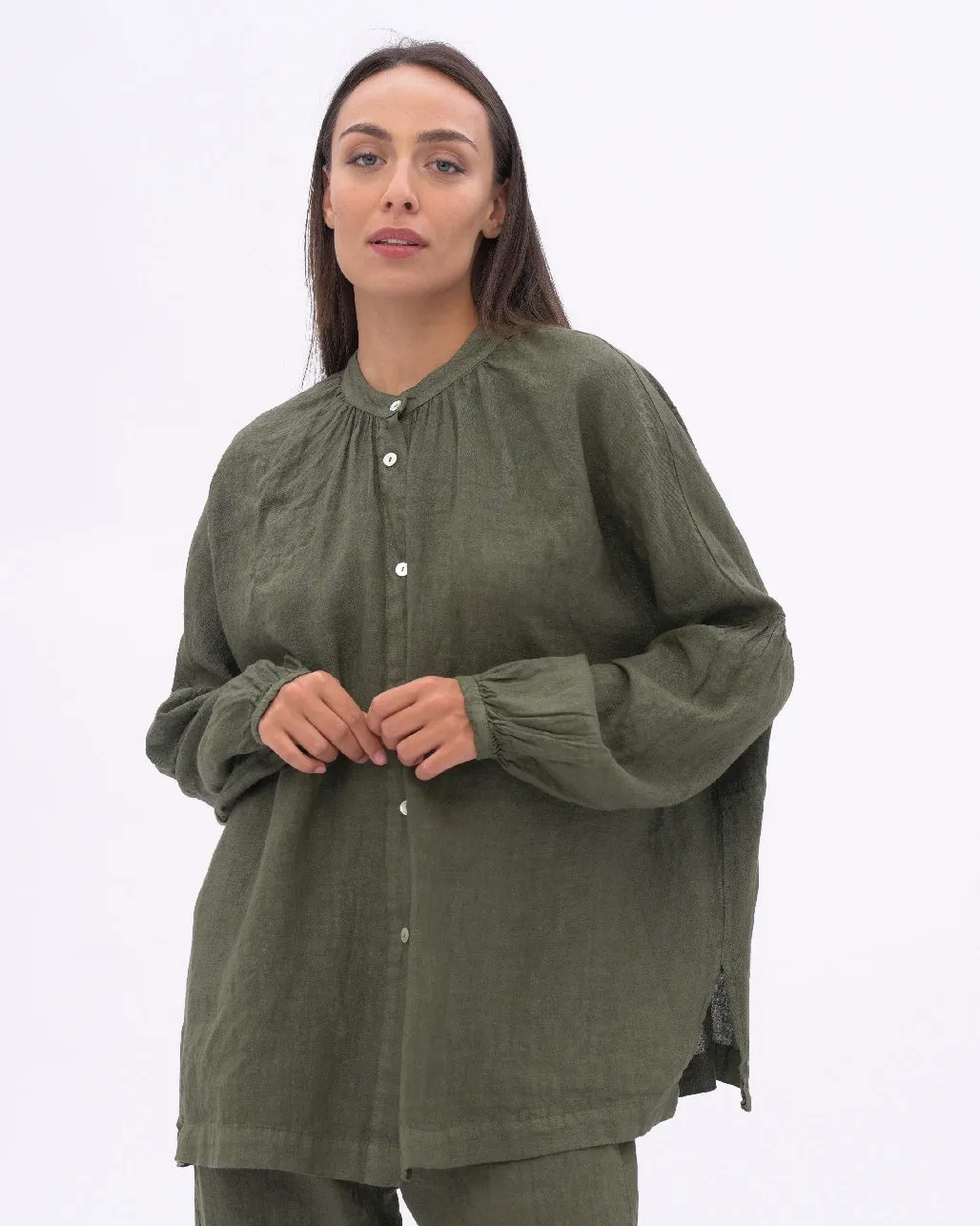Linen Drop Sleeve Pleated Top