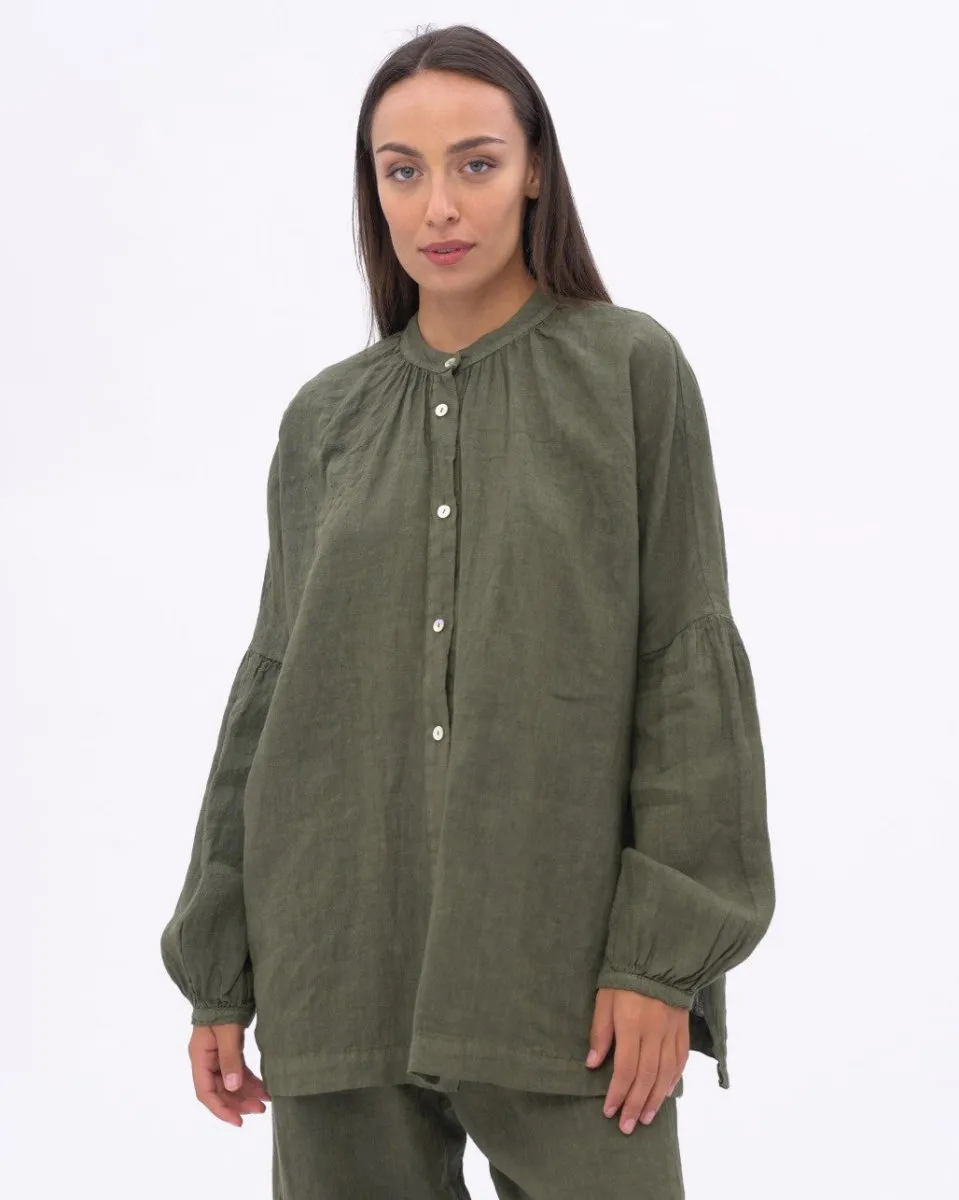 Linen Drop Sleeve Pleated Top