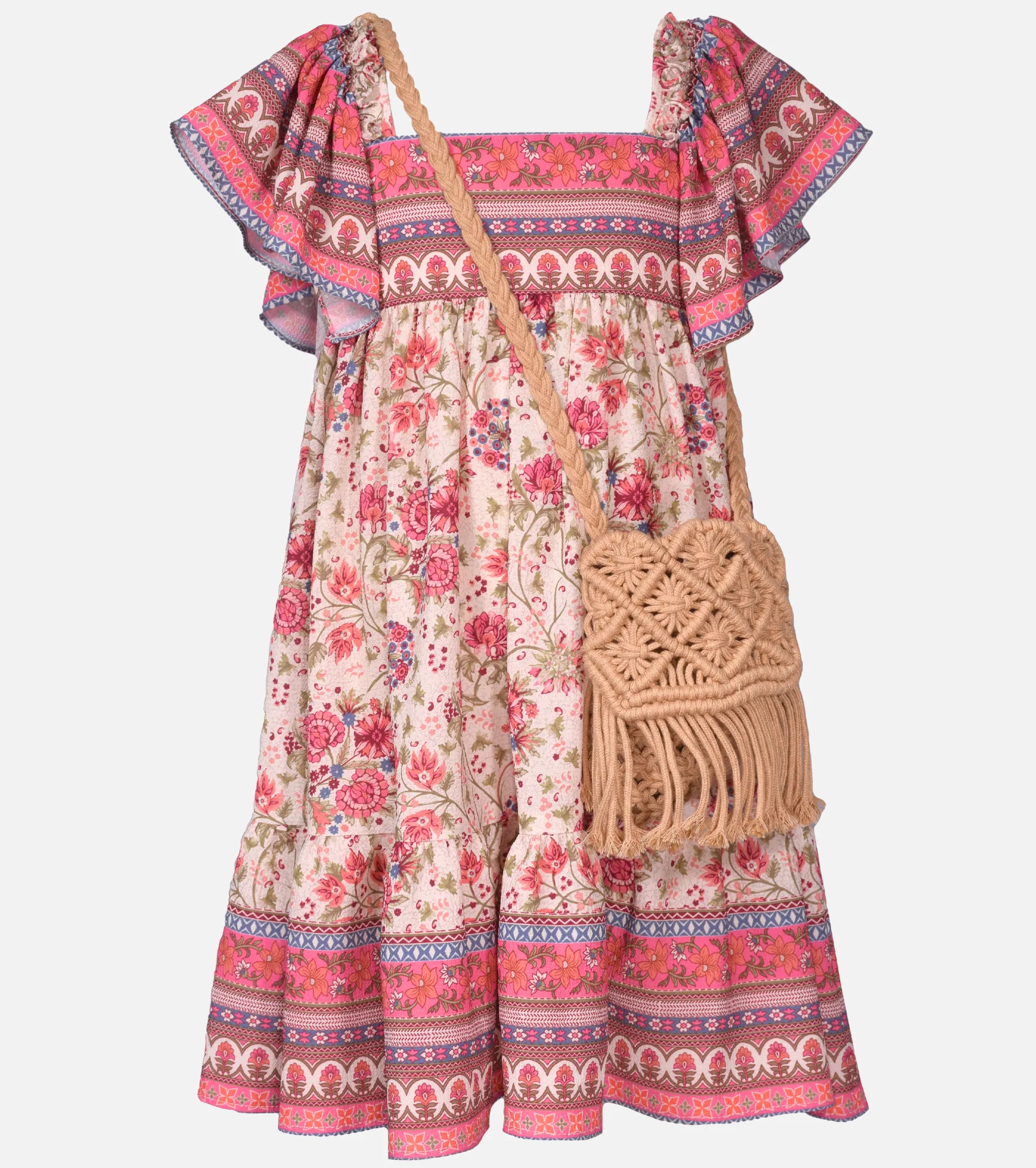 Lola Flutter Sleeve Dress with Macrame Bag