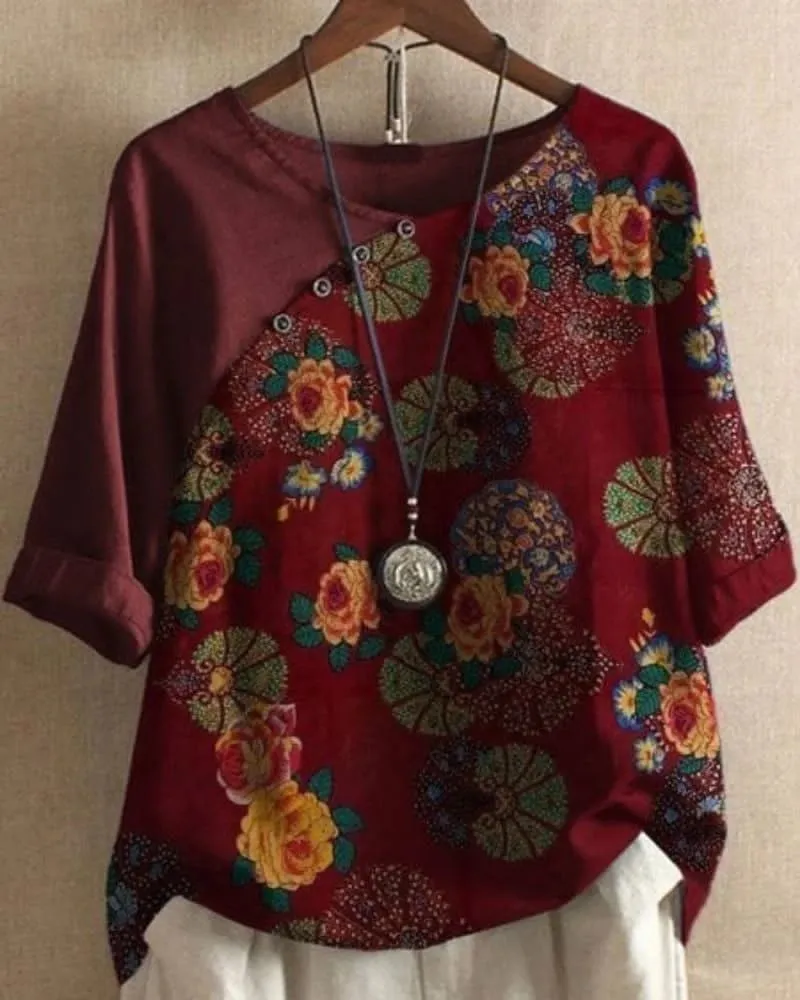 NEW Laola Shirt with short sleeves and Floral Pattern, Wine Red, Sz XXL