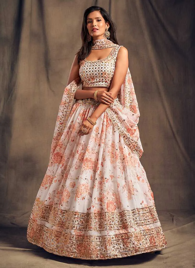 Off White Floral Printed Stylish Embroidered Lehenga Choli