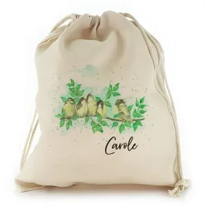 Personalised Canvas Sack with Stylish Text and Singing Branch Birds Print