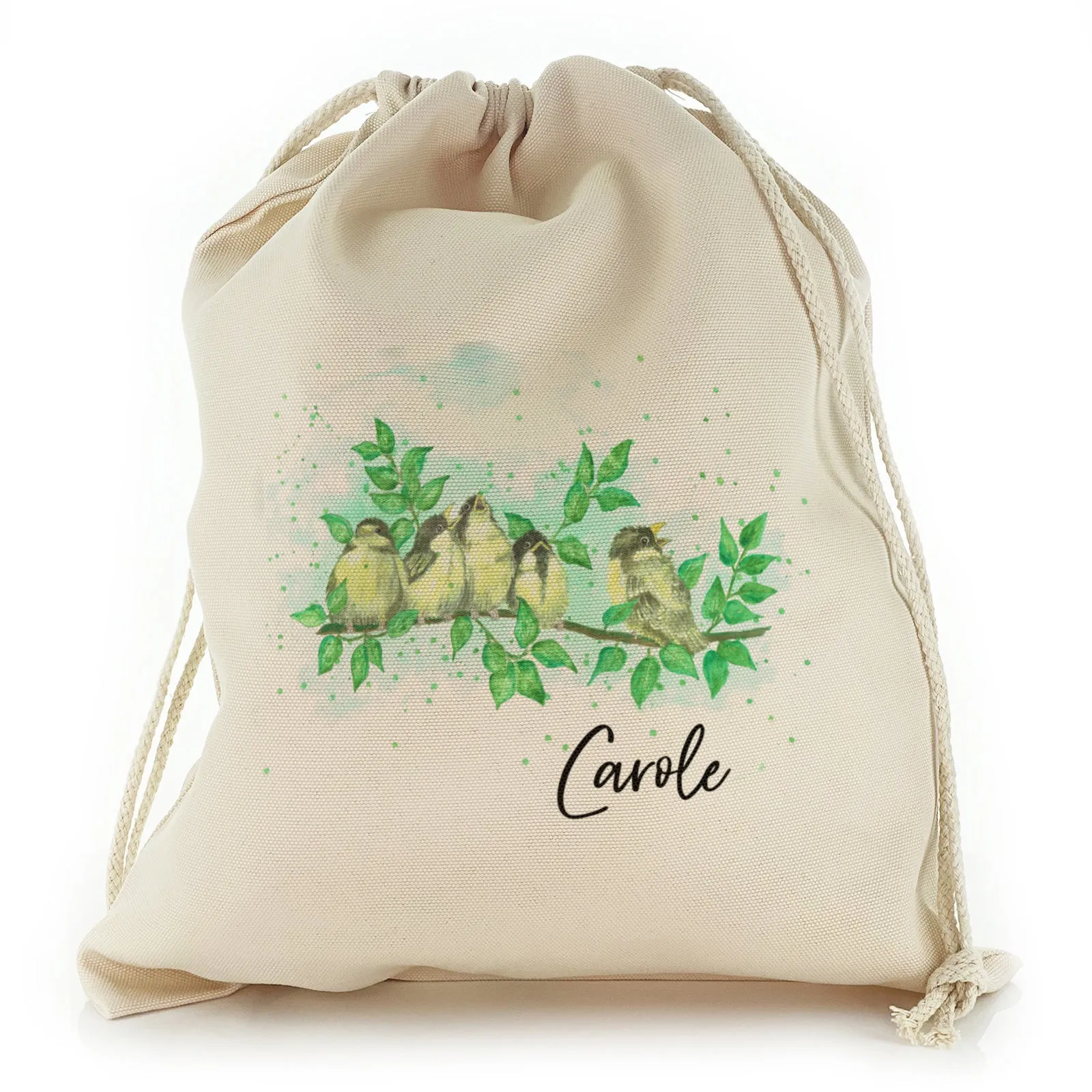 Personalised Canvas Sack with Stylish Text and Singing Branch Birds Print