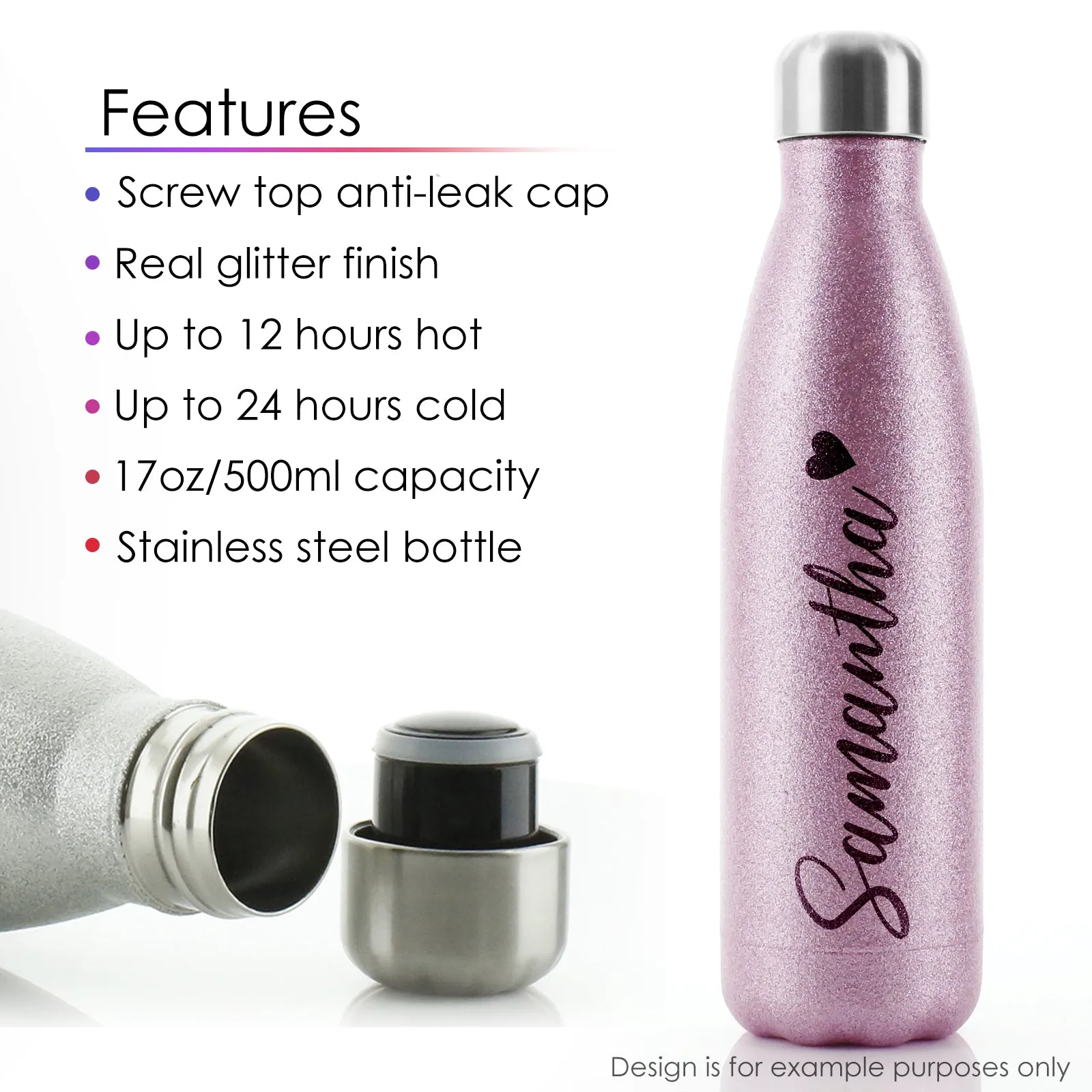 Personalised Cola Bottle with Stylish Text and Crystal Hearts Print