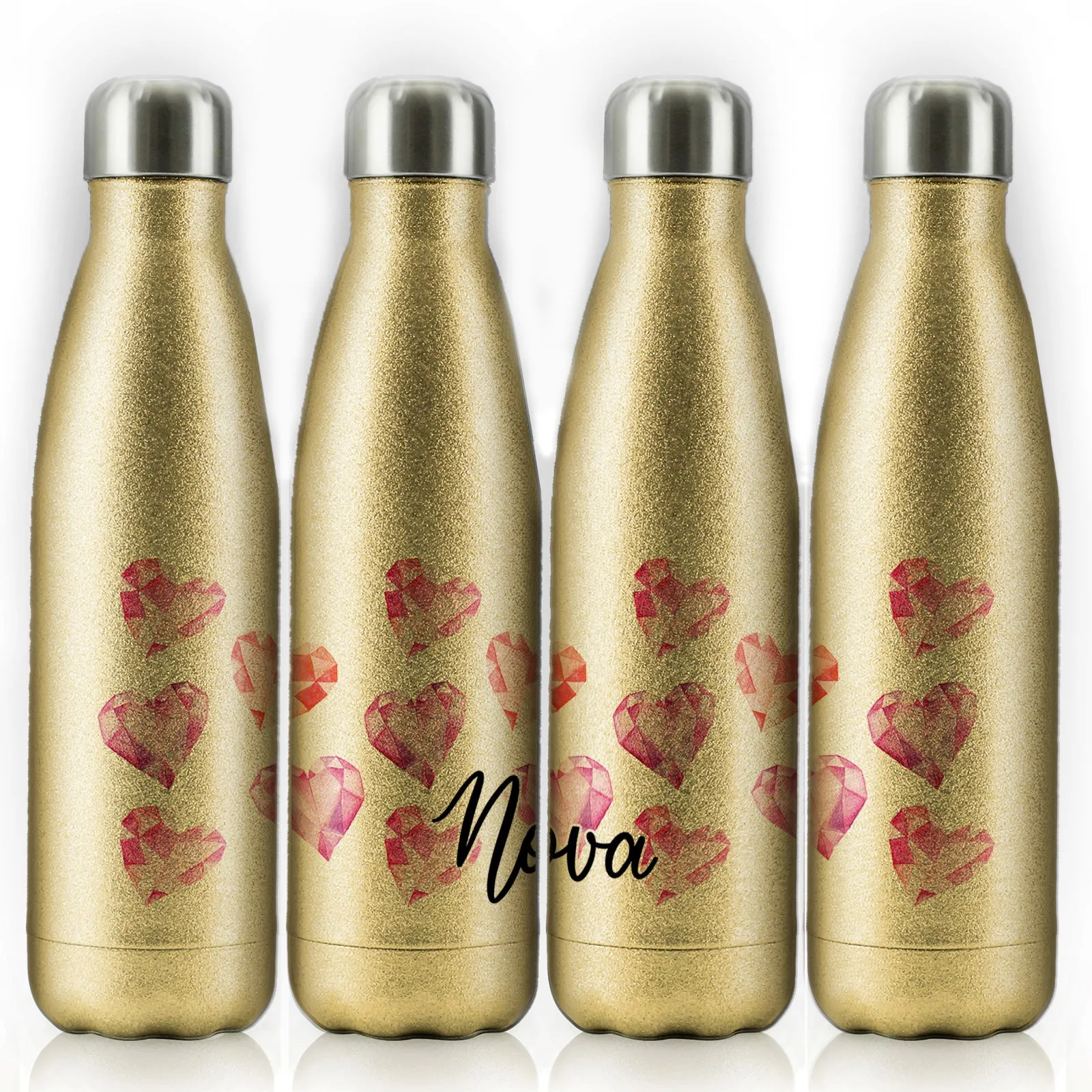 Personalised Cola Bottle with Stylish Text and Crystal Hearts Print