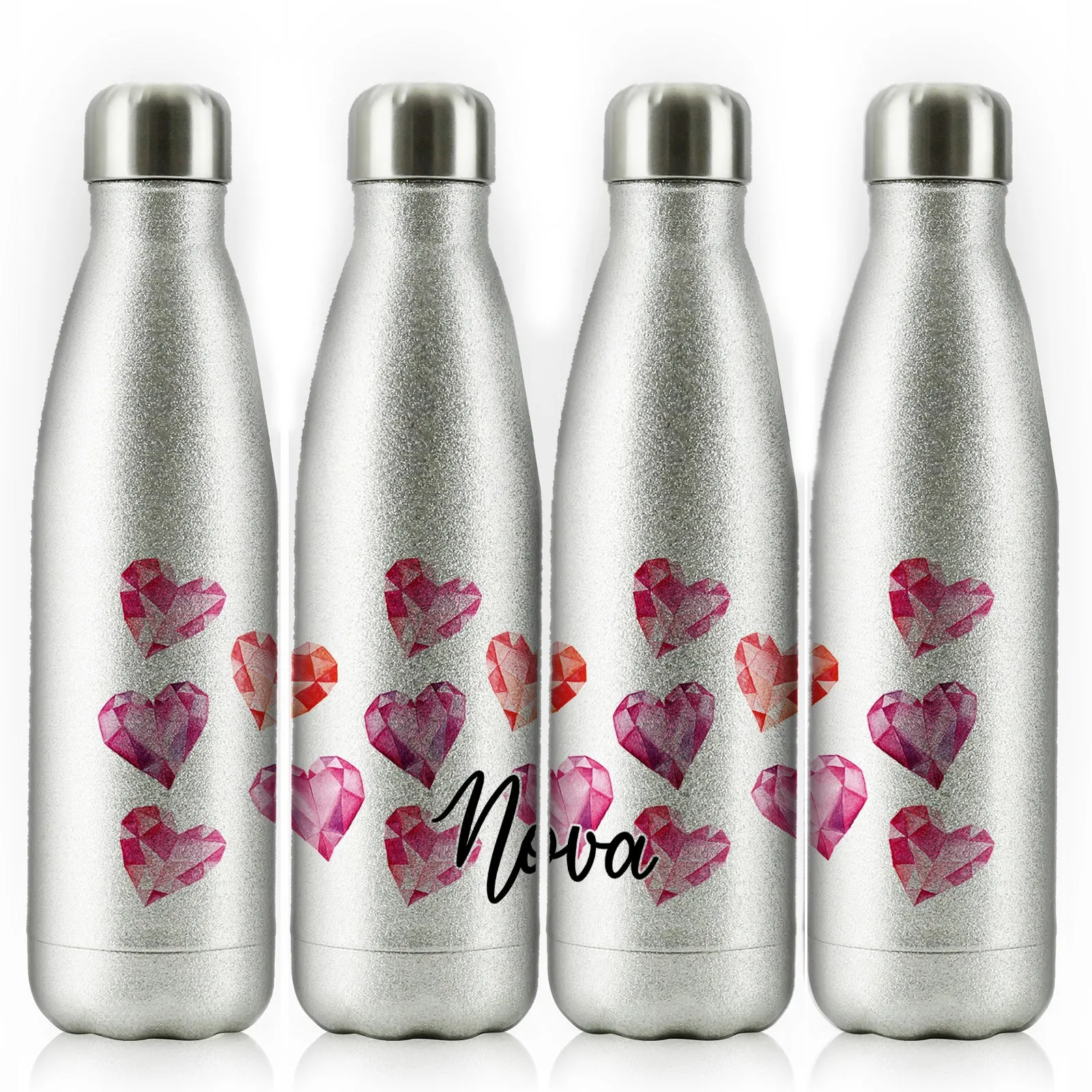 Personalised Cola Bottle with Stylish Text and Crystal Hearts Print
