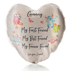 Personalised Glitter Heart Cushion with Stylish Text and Forever Friend Monster Message