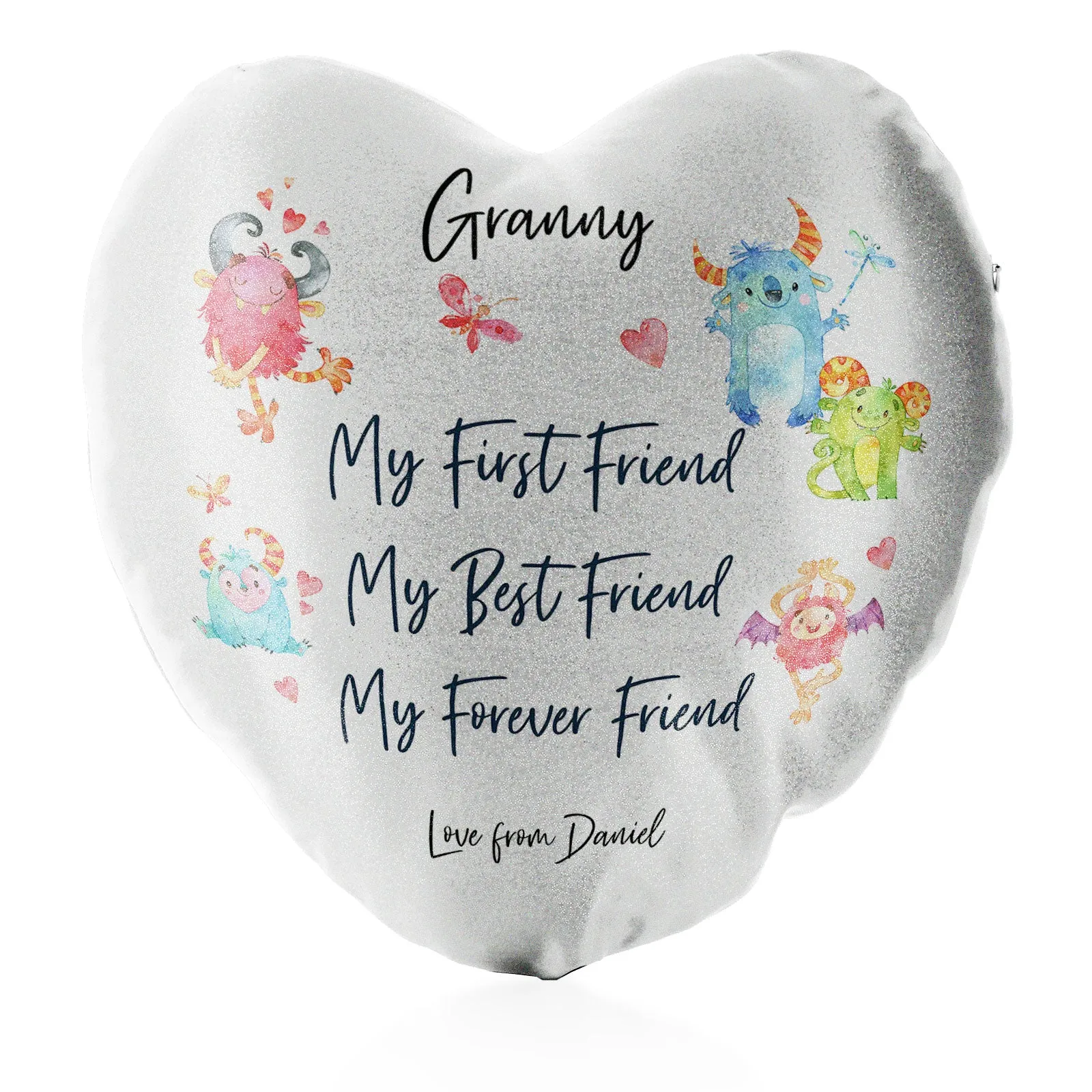 Personalised Glitter Heart Cushion with Stylish Text and Forever Friend Monster Message