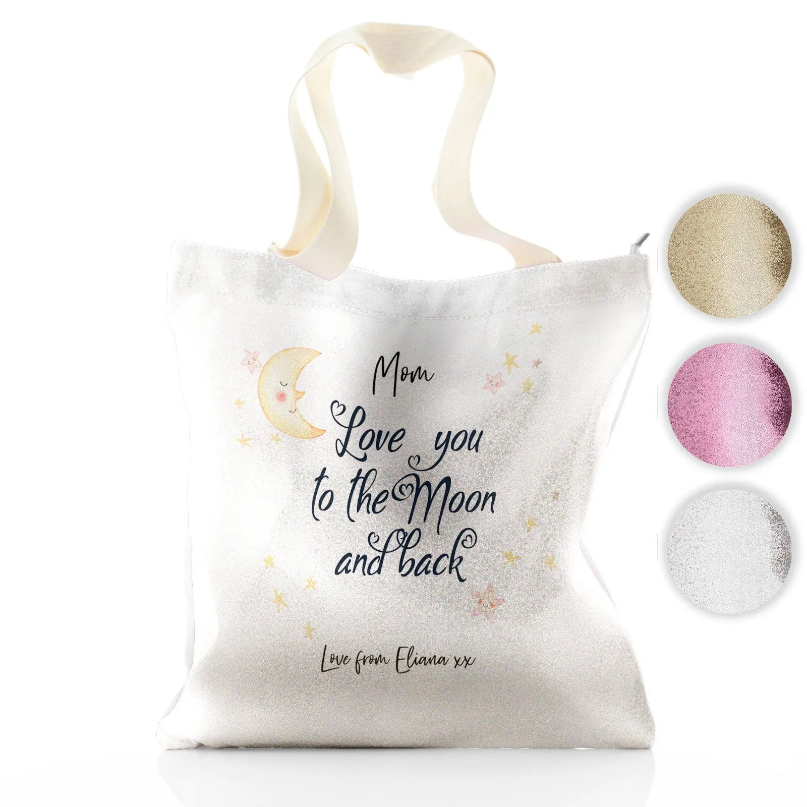 Personalised Glitter Tote Bag with Stylish Text and Moon Love Message