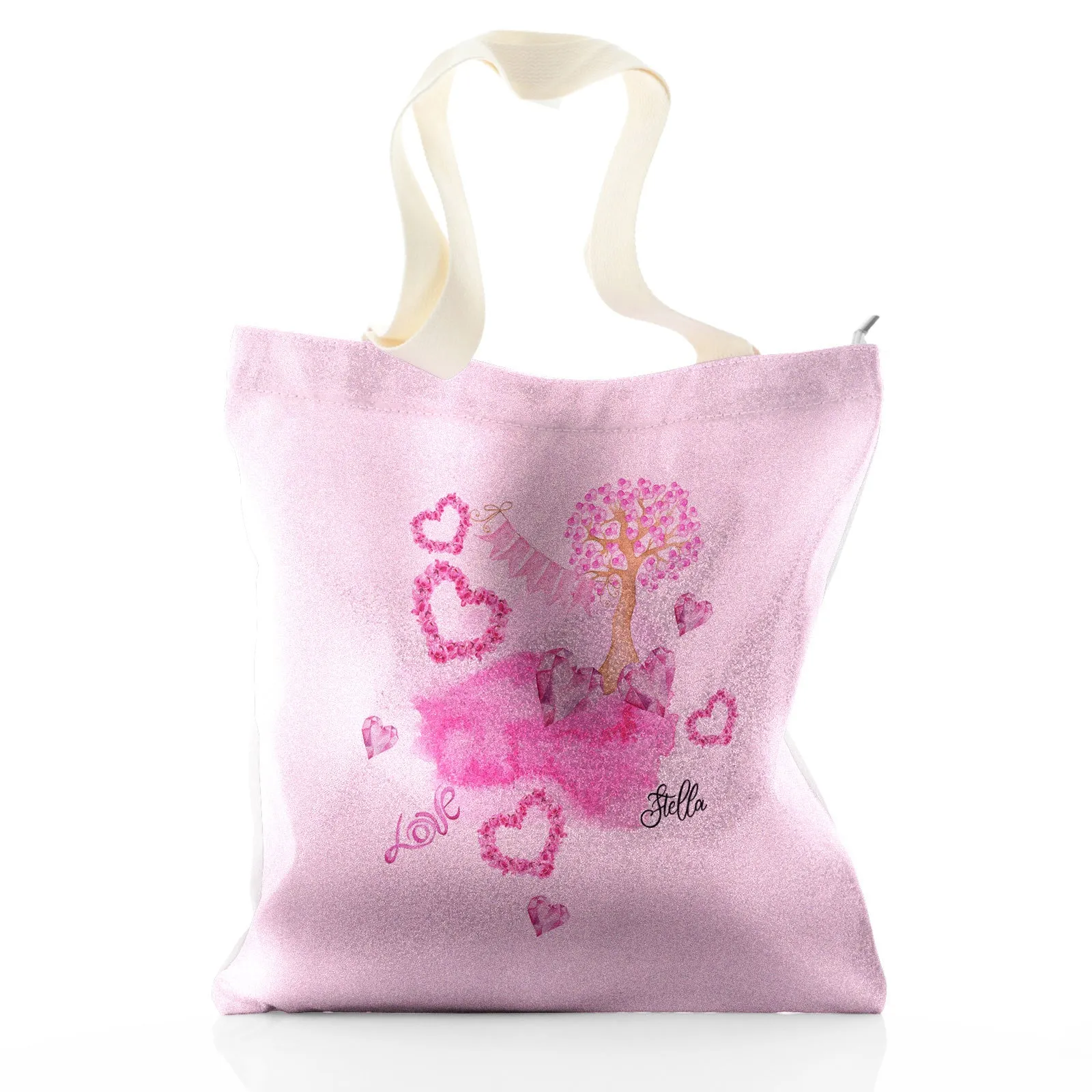 Personalised Glitter Tote Bag with Stylish Text and Pink Love Landscape Print