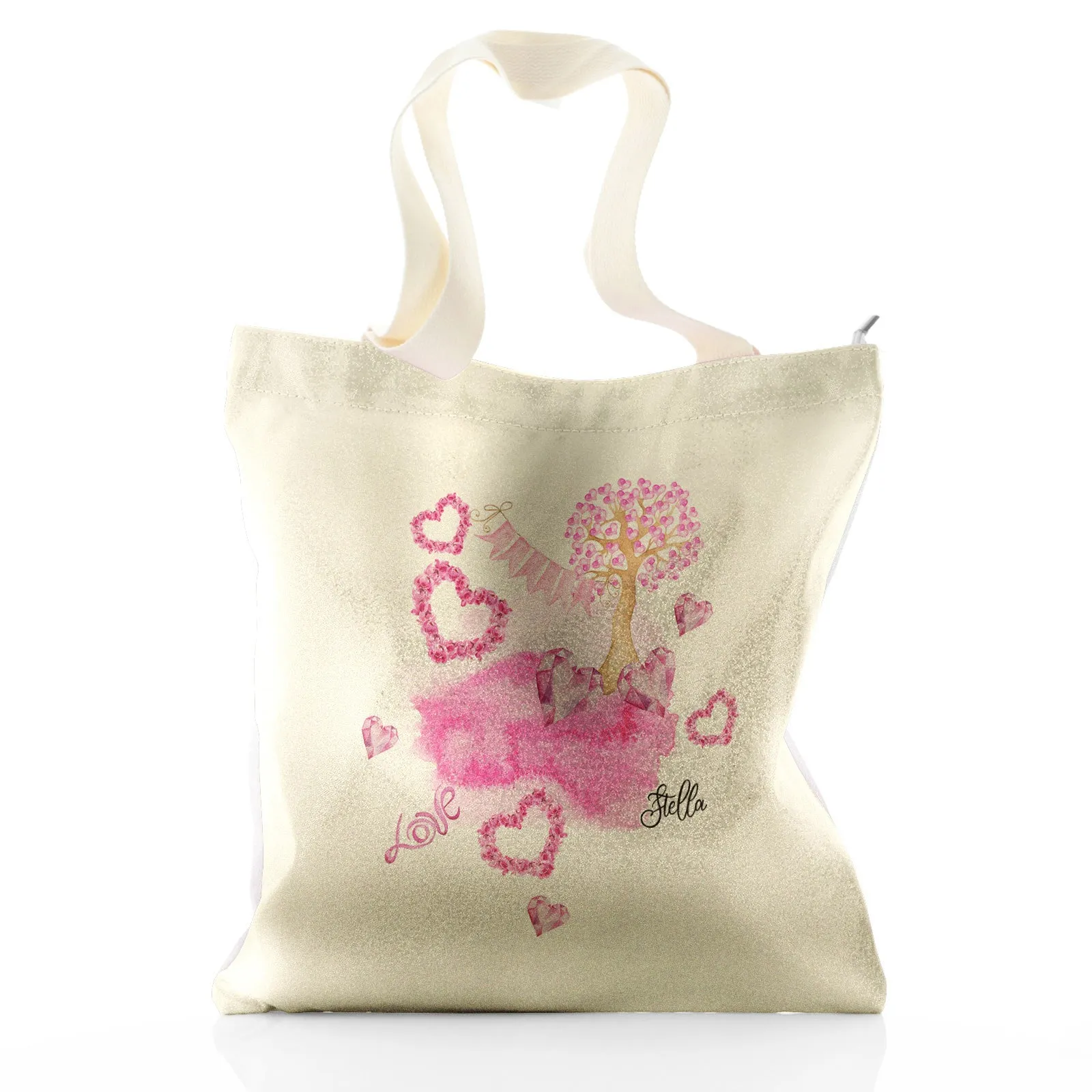 Personalised Glitter Tote Bag with Stylish Text and Pink Love Landscape Print