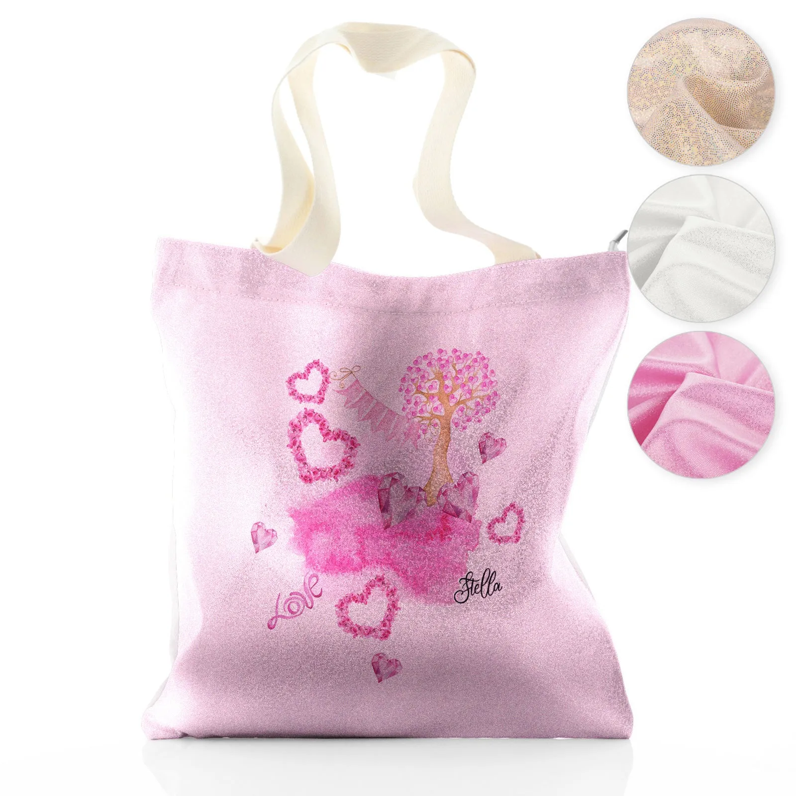 Personalised Glitter Tote Bag with Stylish Text and Pink Love Landscape Print