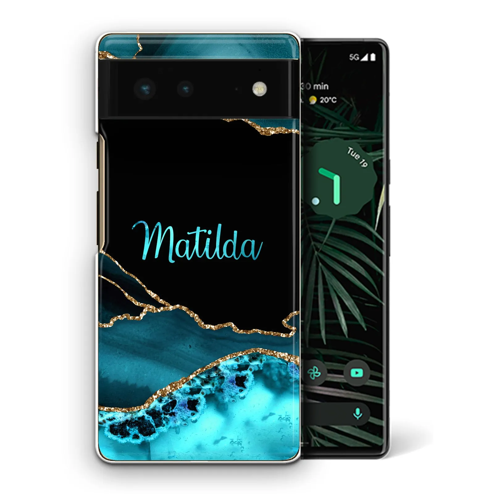 Personalised Google Phone Hard Case with Stylish Name on Turquoise Swirl Marble