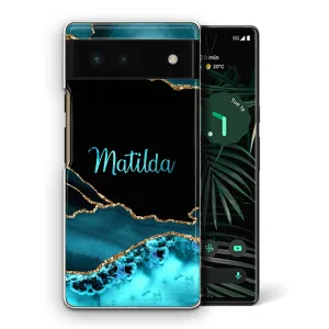 Personalised Google Phone Hard Case with Stylish Name on Turquoise Swirl Marble
