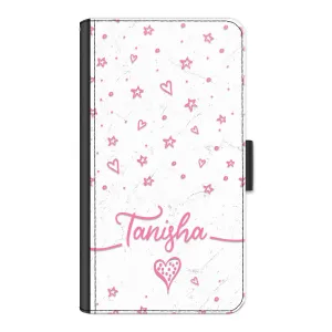 Personalised Huawei Phone Leather Wallet with Pink Stylish text, Stars and Hearts on White Marble