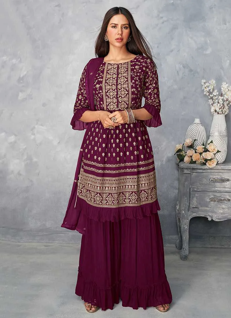 Purple and Gold Heavy Embroidered Stylish Palazzo Suit