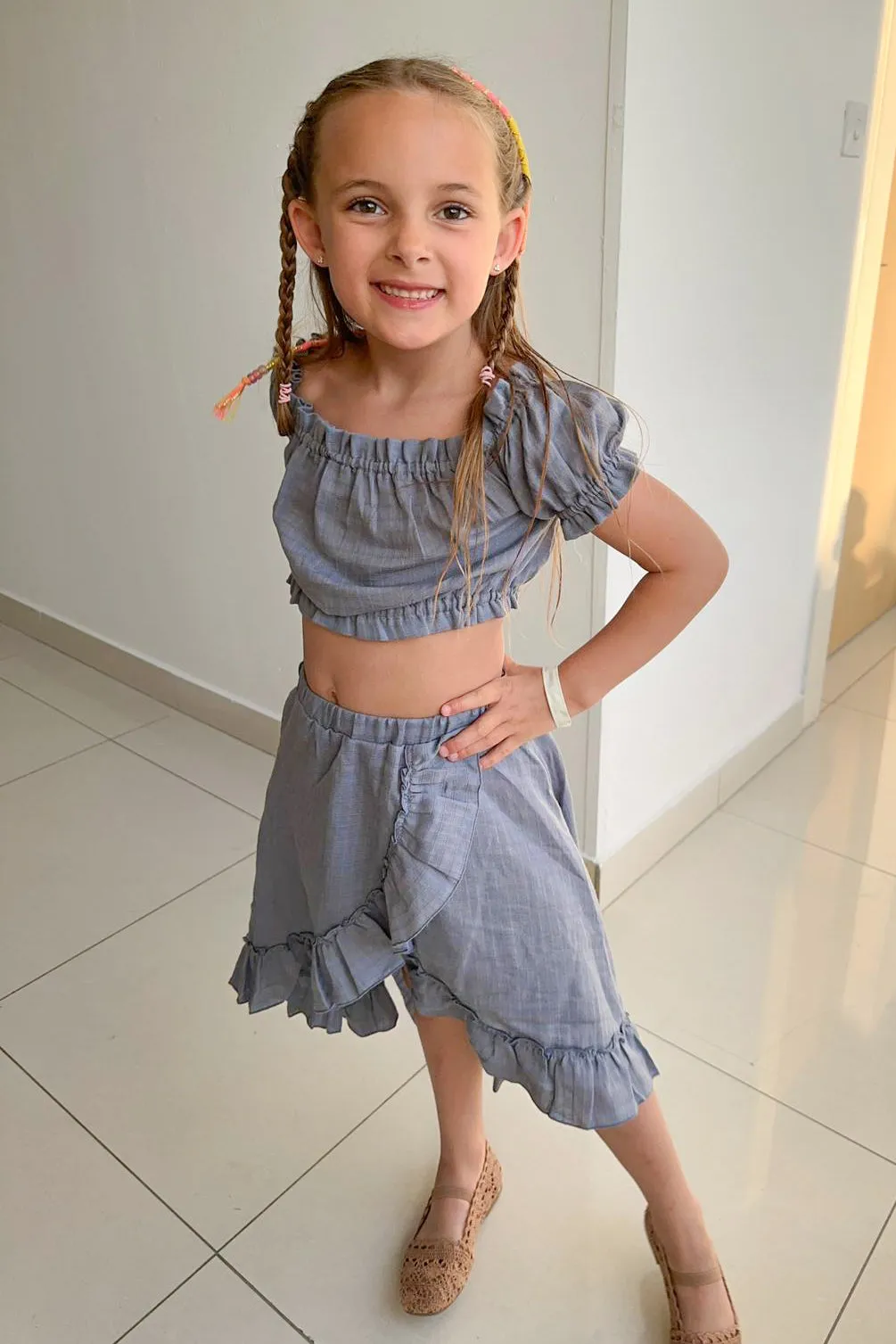 "Brylee" Dusky Blue Organic Cotton Blouse & Skirt