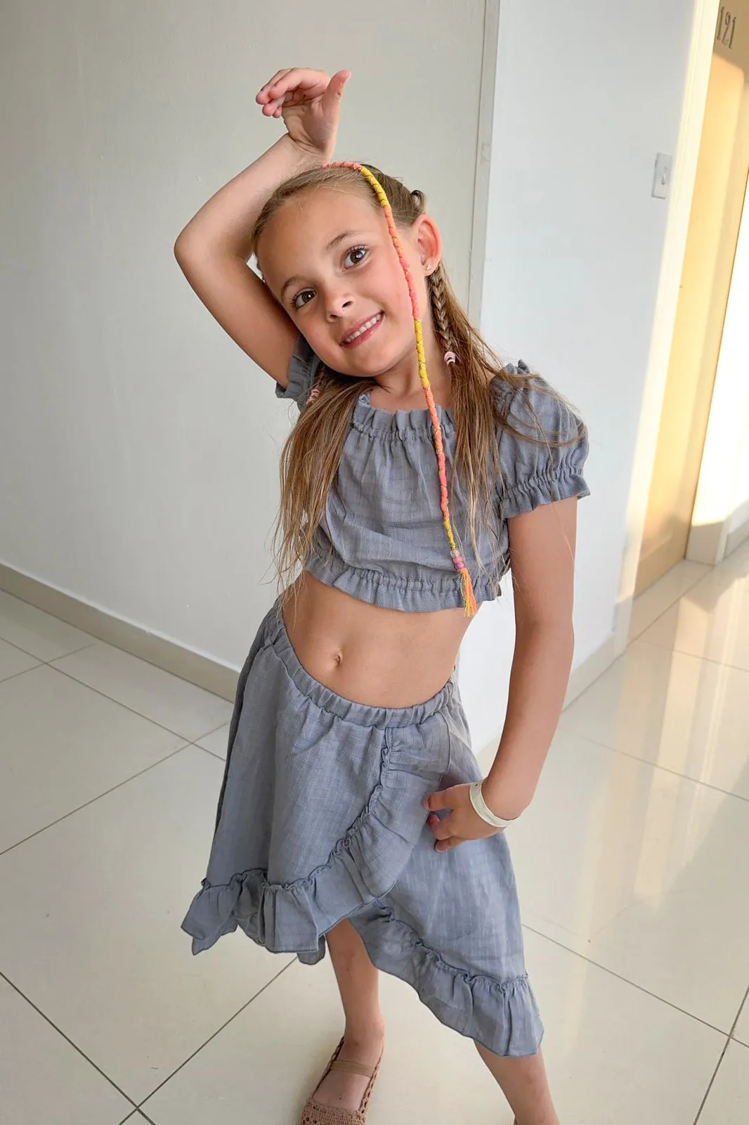 "Brylee" Dusky Blue Organic Cotton Blouse & Skirt