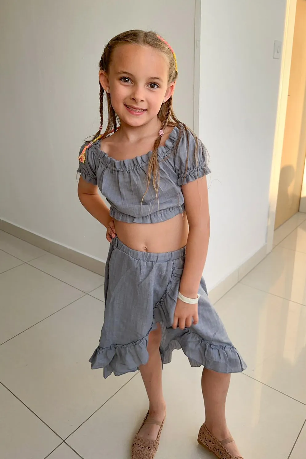 "Brylee" Dusky Blue Organic Cotton Blouse & Skirt