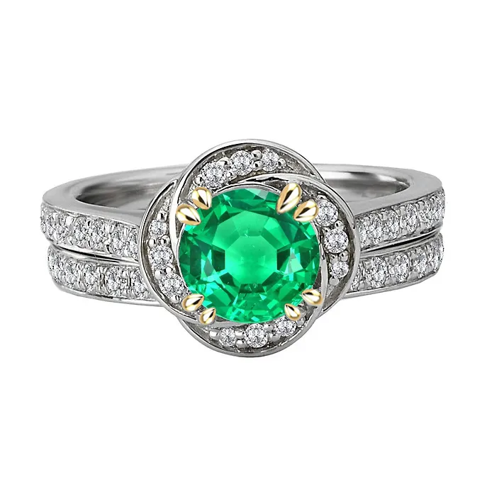 Round Cut Green Emerald Engagement Ring Set Stylish Jewelry