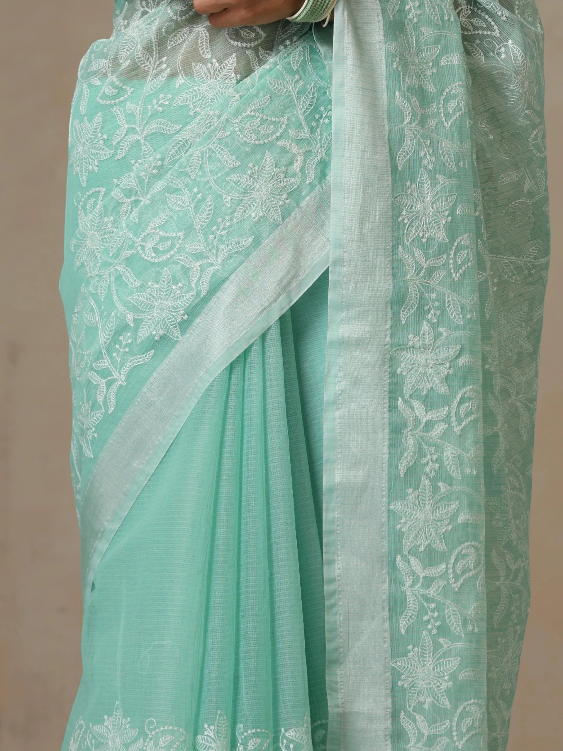 Sea Green and Silver Cotton Kota Saree with Allover Embroidery and Blouse Fabric
